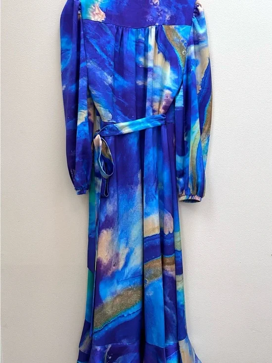 Alana Kay Art wrap ruffle dress blue abstract GORGEOUS NWT Small - Picture 5 of 7
